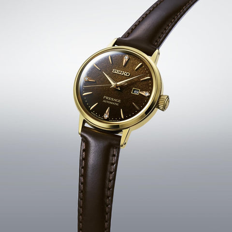 Seiko Watch PRESAGE Cocktail Time, 1.2 inches (30 mm), Mechanical, Automatic Winding, Women's, Case: Yellow Gold / Band: Brown (Cow Leather) / Dial: Brown Gradient (Jamaican Coffee)