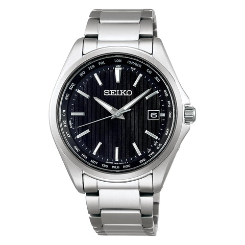 Seiko Selection Men's Wristwatch, Titanium Solar Radio, World Time Function, silver/black, 1 piece, Metal band (pure titanium)