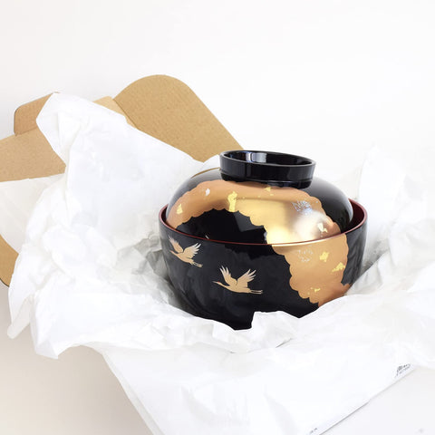 3T-423 Maeju Lacquerware Zoni Bowl with Lid, Bright, Black Vermilion, Crane, Phopite, Large, 15.9 fl oz (450 ml), Traditional Crafts, Yamanaka Lacquerware, Made in Japan