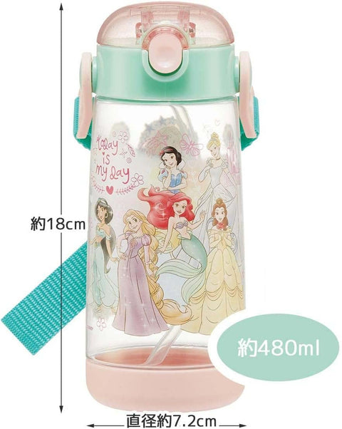 스케이터 (스케이터) 워터 보틀, 480ml, 아동용 빨대가 달린 투명 보틀, 디즈니 프린세스, 23명의 여아용, PDSH5