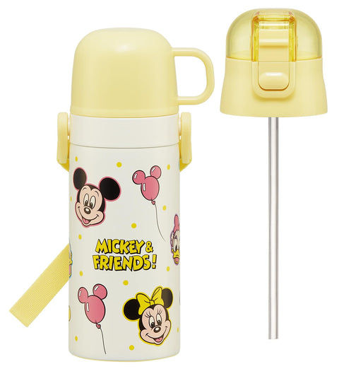 Skater SKCP3 Children's Stainless Steel Water Bottle, 2-Way Drinking Straw, 13.5 fl oz (400 ml), Cup Drinking, 11.8 fl oz (350 ml), Kid-friendly Lightweight Type, Disney, Mickey & Friends, Small