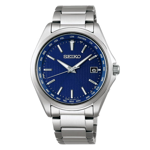 Seiko 精工手錶 精工精選 鈦製太陽能電波 帶世界時間功能 男士, 銀色/藍色, 金屬錶帶(純鈦)