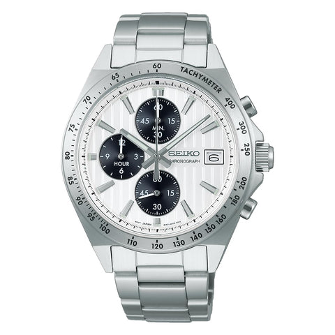 SEIKO SEIKO SELECTION SEIKO SELECTION 男士 S系列 男士 電池式石英錶 計時碼錶(縱向三眼), 錶殼:銀/錶盤:白色×黑色, 1件, 手鍊類型