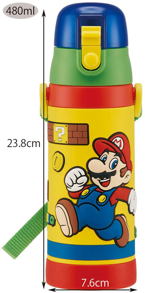 Skater SDPV5-A Children's Stainless Steel Water Bottle, Direct Drinking, 16.2 fl oz (480 ml), Super Mario, Kid-friendly Lightweight Type, For Boys, Cold Insulation, 3D Printed Water Bottle, Sports