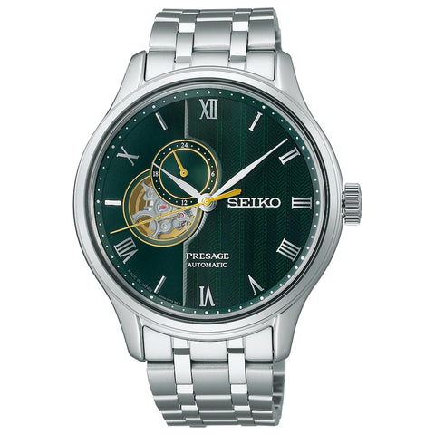 Seiko Presage Japanese Garden Open Heart Men's Watch, Case: Silver / Dial: Green / Band: Silver, 1 piece, Bracelet Type