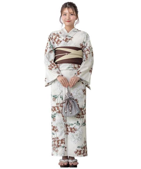 Soubien Floro Women's Yukata Set of 4 Pieces, Separate, New Two-Part Yukata (Yukata, Half-width Obi, Date Tightening, Geta Clogs)