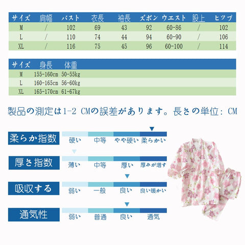 [Reegoo Peter] レディース 甚平 女性 ルームウェア 浴衣 パジャマ 長袖 上下セット 部屋着 春 夏 秋 花柄 ピンク L