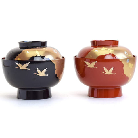 まえじゅう漆器 雑煮椀 お椀 お雑煮 蓋付き 光輝 黒内朱 鶴 金雲母 大きめ 450ml 伝統工芸 山中漆器 日本製 3T-423