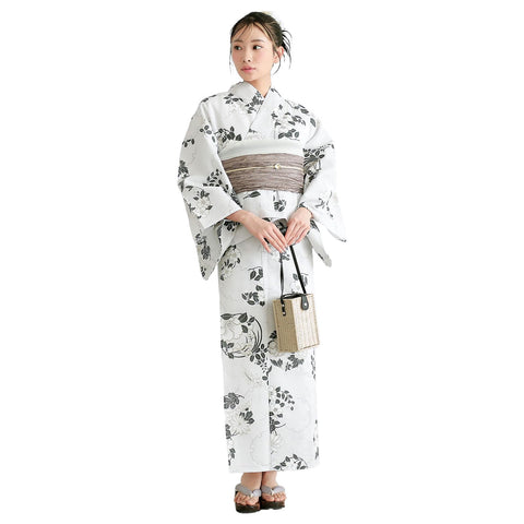 KIMONOMACHI Original Women's Yukata, 2-Piece Set, 2-Piece Yukata + Wrinkled Belt, F Size, Cotton, Adult, Cute, Retro, Modern, Cute, Unique, Fireworks Display, Summer Festival, Women's Yukata
