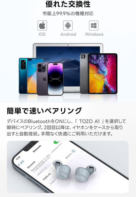 TOZO A1 2024 全新升級 無線耳機、Bluetooth 5.3的耳麥 輕量、支援APP EQ設定、立體聲耳機 長時間播放 附充電盒 防水、藍色