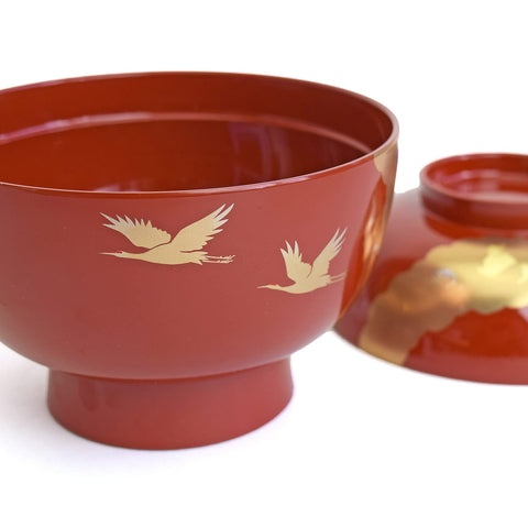 まえじゅう漆器 雑煮椀 お椀 お雑煮 蓋付き 光輝 朱 赤 鶴 金雲母 赤 大きめ 450ml 伝統工芸 山中漆器 日本製 3T-422