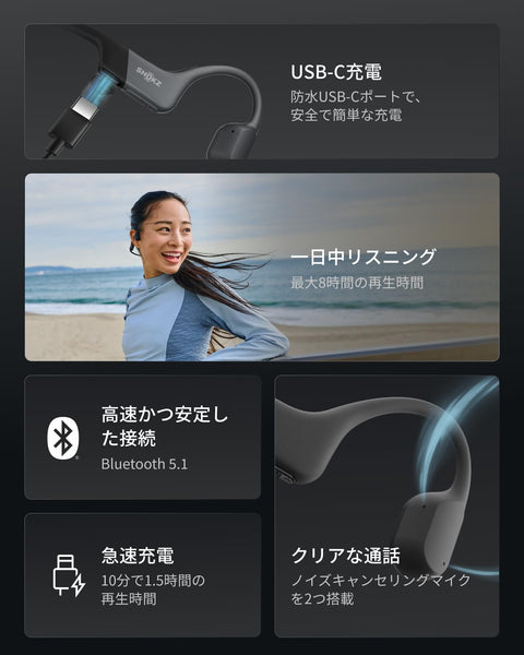 Shokz OpenRun 骨傳導耳機 無線 藍牙 5.1 開放式耳機 無耳 自動配對耳機 帶麥克風 跑步運動耳機 IP67防塵防水 帶運動髮帶 快速充電 8小時播放 適用於iPhone/Android USB-C 黑色