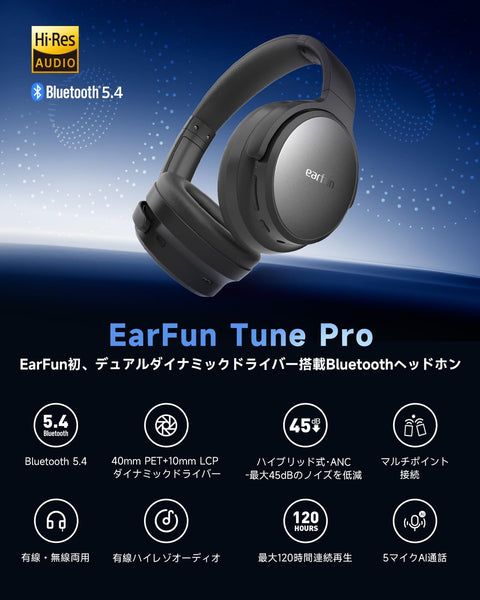[VGP 2025 금상] EarFun Tune Pro 무선 헤드폰 블루투스 5.4/ [40mm +10mm 듀얼 드라이버/무선 및 USB-C 및 AUX 유선 연결] /노이즈 캔슬링 헤드폰/최대 120시간 연속 재생/극장 모드/멀티포인트 호환, 밀폐형/유선 고해상도, 전용 앱 호환 (블랙)