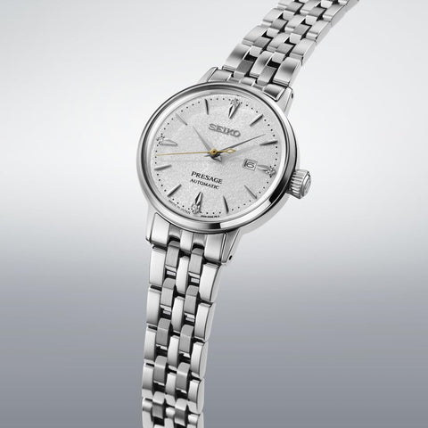 Seiko Watch PRESAGE Cocktail Time, 1.2 inches (30 mm), Mechanical, Automatic Winding, Women's, Case / Band: Silver / Dial: White (Hot Butter Drum Cow)