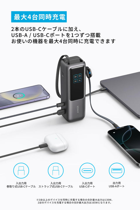 Anker Power Bank (25000mAh, Built-In & Retractable USB-C Cable) [PD Compatible/PSE Technical Standards Compliant/USB-C Input Compatible / 165W Output, MacBook PD Compatible, Windows PC, iPad Pro