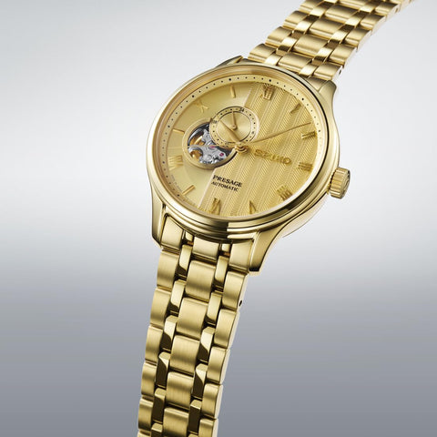 Seiko Watch Pleasage Japanese Garden Men's Open Heart Model Watch, yellow gold