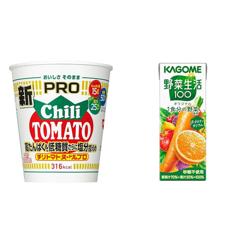 カップヌードルPRO チリトマトヌードル 日清食品 カップ麺 80g ×12個+カゴメ 野菜生活100 オリジナル 200ml×24本
