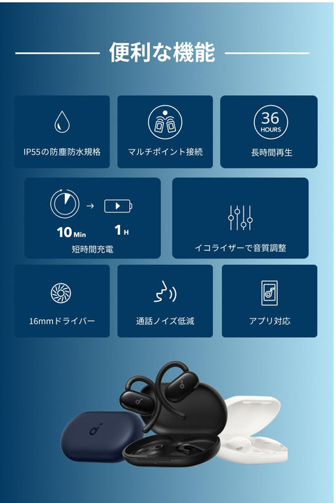Anker Soundcore V20i(Bluetooth 5.4)【开放式无线耳机 / IP55防尘防水规格/最长播放36小时/多点连接】黑色