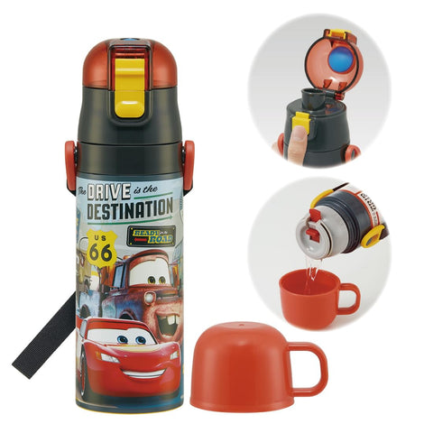 스케이터 (스케이터) 아동용 경량 스테인리스 스틸 투웨이 워터 보틀, 430ml, 디즈니 카 24, 음료수 컵이 포함된 어린이용 다이렉트 드링크 컵, 스테인리스 스틸 SKDC4-A