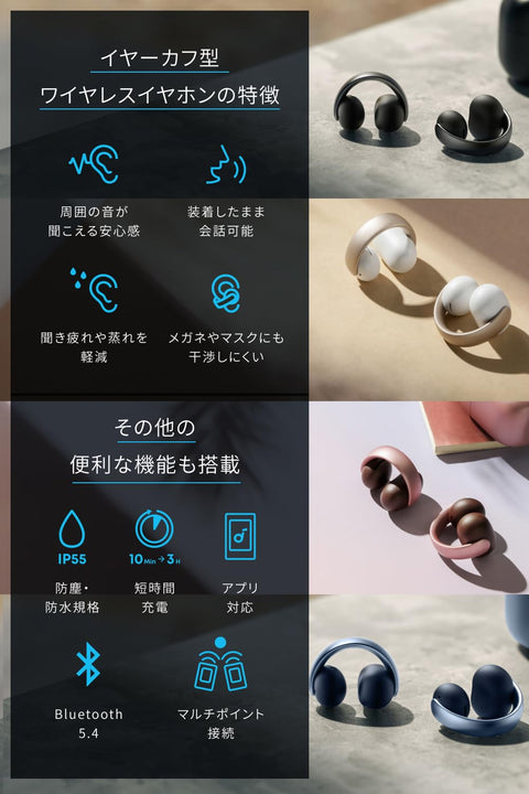 Anker Soundcore AeroClip (Bluetooth 5.4), Open Ear Wireless Earphones, Ear Cuffs, IPX4 Waterproof Standards, Up to 32 Hours Playback, Multi-Point Connection, Black