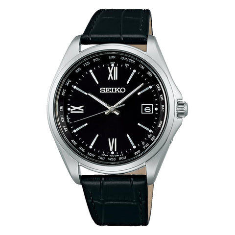 Seiko 精工手錶 精工精選 鈦製太陽能電波 帶世界時間功能 男士, 銀色/黑色/錶帶:黑色, 皮革錶帶(牛皮革)