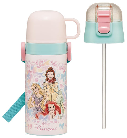 Skater SKCP3 Children's Stainless Steel Water Bottle, 2-Way Drinking Straw, 13.5 fl oz (400 ml), Cup Drinking, 11.8 fl oz (350 ml), Children's Friendly, Lightweight Type, Disney Princess, 25 Girls,