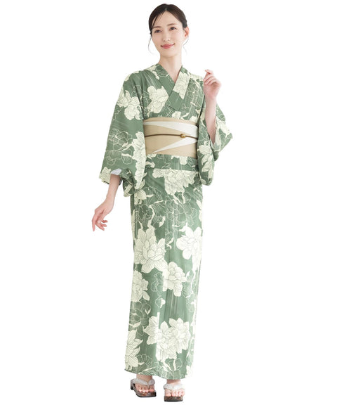 Soubien Floro Women's Yukata Set of 4 Pieces, Separate, New Two-Part Yukata (Yukata, Half-width Obi, Date Tightening, Geta Clogs)