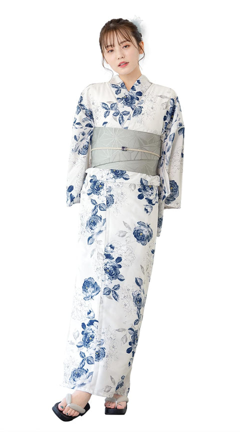 Soubien Floro Women's Yukata Set of 4 Pieces, Separate, New Two-Part Yukata (Yukata, Half-width Obi, Date Tightening, Geta Clogs)