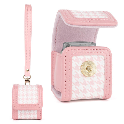 HIYQIN instax mini Pal専用ケース 実用的な収納バッグ Instax PAL用 ポータブルカメラカバー 収納保護キャリングバッグ 腕ストラップ付き 軽量耐久性良 携帯型 落下防止 防塵 ミニケース 千鳥格子 スタイリッシュ（ピンク）