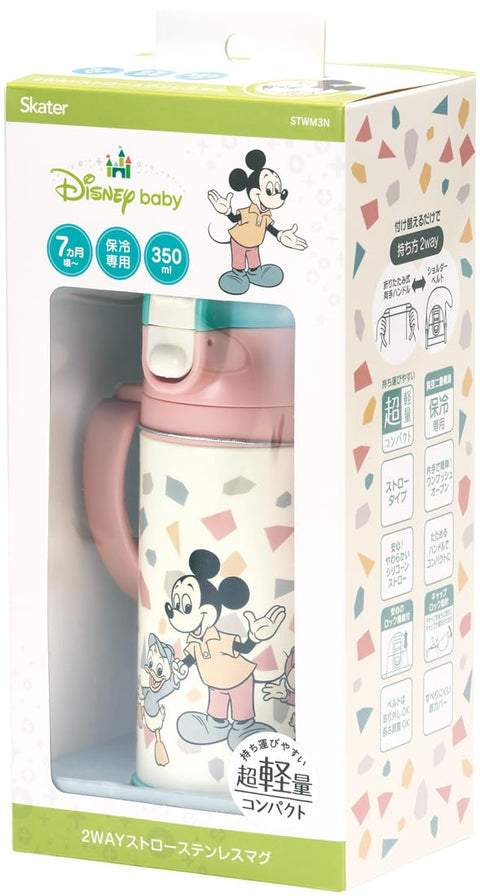 Skater STWM3N-A Two-Handed Stainless Steel Water Bottle with Straw, Baby Mug, Disney, Mickey Mouse Friends, Retro 11.8 fl oz (350 ml)