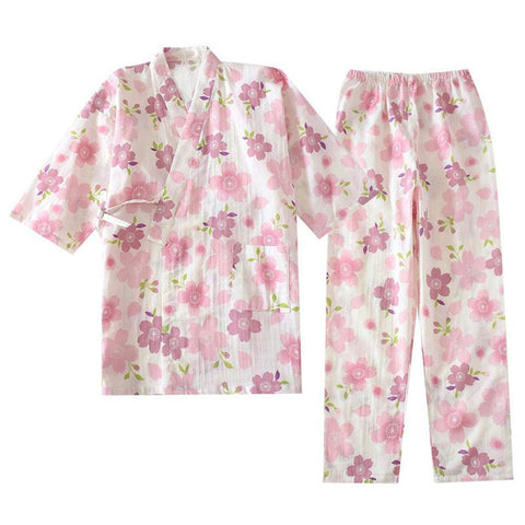 Reegoo Peter 女士 甚平女性 家居服 浴衣 睡衣 長袖 上下套裝 家居服 春 夏 秋 M L XL, 粉紅色花紋