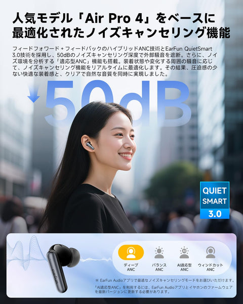 【VGP 2025 SUMMER 金賞】EarFun Air Pro 4i ワイヤレスイヤホン Bluetooth 5.4/50dB低減ハイブリッドANC/ハイレゾ LDAC対応/ 3Dサウンド/ 11mmチタン複合振動膜ドライバー/ 40時間連続再生/ 6マイクAI 通話/ワイヤレス充電/ IP55防塵防水/ マルチポイント接続【PSE認証済み】(ブラック)