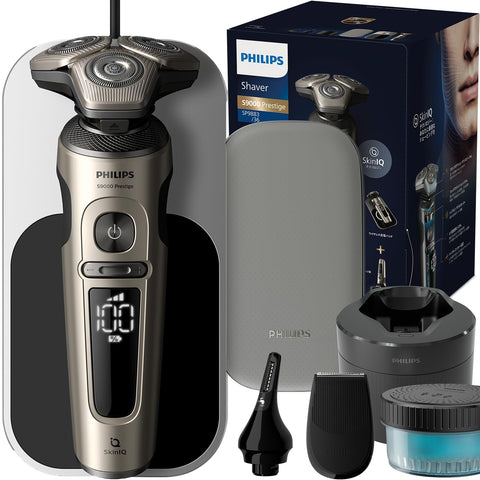Philips Electric Shaver 9000 Prestige Model with Cleaning Machine, Electric Beard Trimmer for Men (72 Blades, Swivel/Skin Protection Technology Pro, Bath Shaver & Washable) SP9883/36 Champagne Gold