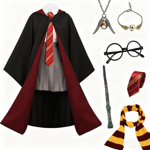 [Yi-gog] Halloween Gryffindor Complete Harry Potter Cosplay Costume, 5-Piece Set, 7 Sizes Cosplay Costume (Robe + Glasses + Necktie + Scarf + Magic Wand) Cosplay Costume, Unisex (Red, 45.3 inches (115