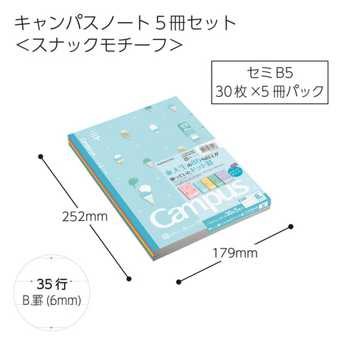 KOKUYO(KOKUYO) 笔记本 校园笔记本 限定 B5 圆点B格 5色装 小吃图案 NO-3CBTN-L36X5 B格(6mm)