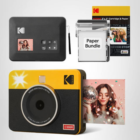 コダック KODAK Mini Shot 3 レトロ 4PASS 2-in-1インスタントカメラ＆フォトプリンター(7.6cmx7.6cm)＋カメラ本体8枚入り+30枚バンドル、イエロー