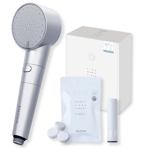 SALONIA Fine Bubble Clear Shower Head with Micro-Nano Bubbles, Water-Saving, High Water Pressure, Chlorine Removal Cartridge + Bicarbonate Tablets, Silver