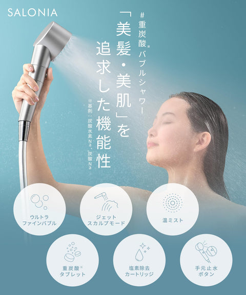 SALONIA Fine Bubble Clear Shower Head with Micro-Nano Bubbles, Water-Saving, High Water Pressure, Chlorine Removal Cartridge + Bicarbonate Tablets, White