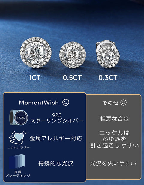 MomentWish 여성 남성용 모이사나이트 귀걸이 0.6-2ct D 컬러 모이사나이트 귀걸이, 925 실버, 금속 알레르기 방지, 남녀공용 다이아몬드 귀걸이, 인기 있는 선물