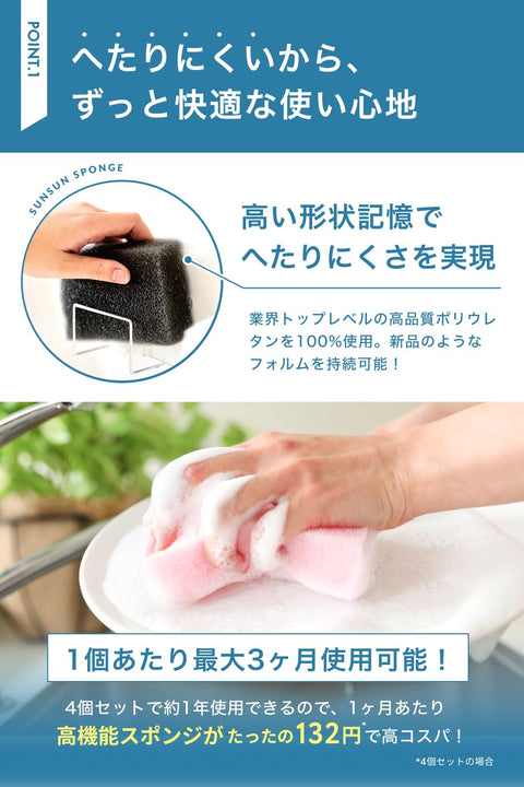 【サンサンスポンジ】海綿 4個套裝 廚房海綿 洗碗 浴室 爐灶周圍 用途多樣 驚人的排水&起泡功能 結實耐用 廚房用具 廚房用品 高級黑色