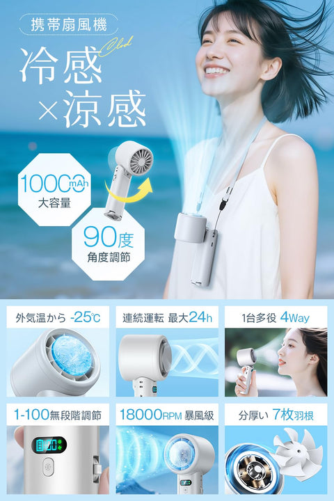 휴대용 팬, 초고속 스톰 [-25℃ 순간 냉각, 10000mAh 대용량] 쿨링 플레이트가 있는 핸디 팬, 100단계 풍력 제어, 휴대용, 목/탁상/걸이, 4방향, 7날, 튼튼한, USB 충전식, 휴대용 팬, 24시간, 90° 각도 조절, 넥 스트랩 포함, LED 잔량 디스플레이, 경량, 소형 미니 팬, 열사병 방지, 작고 조용한 야외 사무실 선물 (오프) 화이트)
