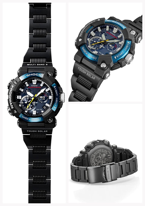 Casio FROGMAN GWF-A1000 Series G-Shock Watch, Radio Solar with Bluetooth, Blue IP Plated Stainless Steel Bezel