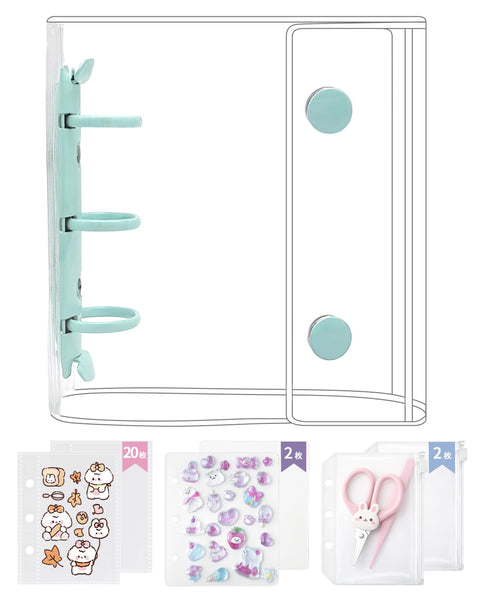 GOKEI 씰북 프라방 클리어 A8 미니 바인더 [리필 x 20매, 지퍼 박스 2개, 언더레이 x 2장] PP 시트 카드 포켓 씰, 마운트, 노트북, 프리북, 카드 슬리브, 클리어 씰 북, 벗길 수 있는 바인더 타입 노트북, 여아용 콜라주 노트 (그린)