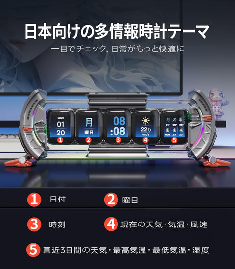 Divoom Times Gate 5Wayデジクロック スチームパンク風 PCデスクを彩る 近未来 ガジェット RGBライト【5スクリーン自由DIY：時計/天気予報/ピクセル作品/写真/SNSファンの数/カレンダー など対応】専用アプリ WiFi接続 ゲーマーのプレゼント（チタンシルバー）