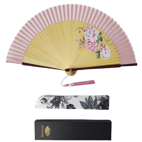 Sarkovos 和風扇子, レディース用竹製扇子, 浴衣・夏着物用, 花柄, 扇子袋付き, ピンク