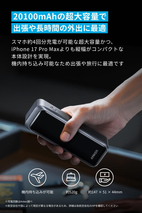Anker Prime Power Bank（20100mAh，220W）最大總輸出220W/單埠最大140W輸出/支援Power Delivery/符合PSE技術標準/USB-C輸入，適用於iPhone 17系列/MacBook/Android及其他設備