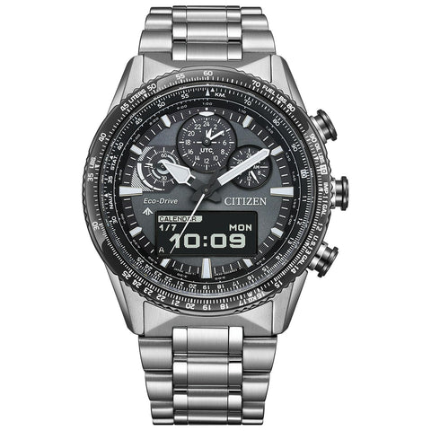 Citizen JV2006-55H ProMaster Analog Digital Chronograph Pilot Watch, Waterproof, SKY Blue, Silver, Men's, Silver