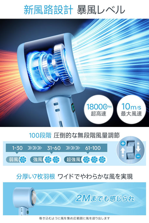 便攜風扇 超高速暴風 【-25℃瞬間冷卻・10000mAh大容量】 手持風扇 帶冷卻板 100級風力調節 手持/戴頸/桌面/懸掛四種方式 7片葉片 強力 USB充電 手持風扇 24小時持續 90°角度調節 帶 7片葉片 強力 USB充電 手持風扇 24小時持續 90° 角度調節 頸帶 緊湊型防暑能量禮品 (藍色)