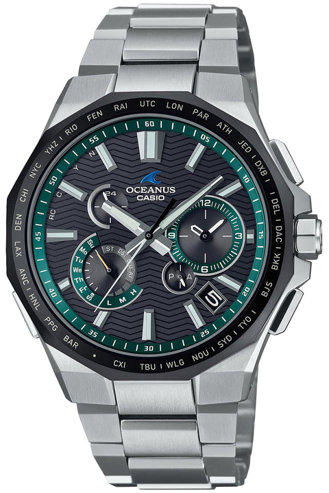Casio OCW-T6000 Classic Line Wristwatch, Made in Japan, Equipped with Bluetooth, Radio Solar, Sapphire Glass, black/green, Bracelet Type
