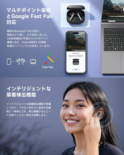 【VGP 2025 金賞】EarFun Air Pro 4 ワイヤレスイヤホン Bluetooth 5.4/50dBアダプティブ式 ハイブリッドANC/最先端チップ「QCC3091」aptX Losslessに対応/ハイレゾ LDAC対応/Snapdragon Sound™ に対応/Auracast™に対応/52時間連続再生【6マイクAI 通話/PSE認証済み】 装着検出機能 (ブラック)